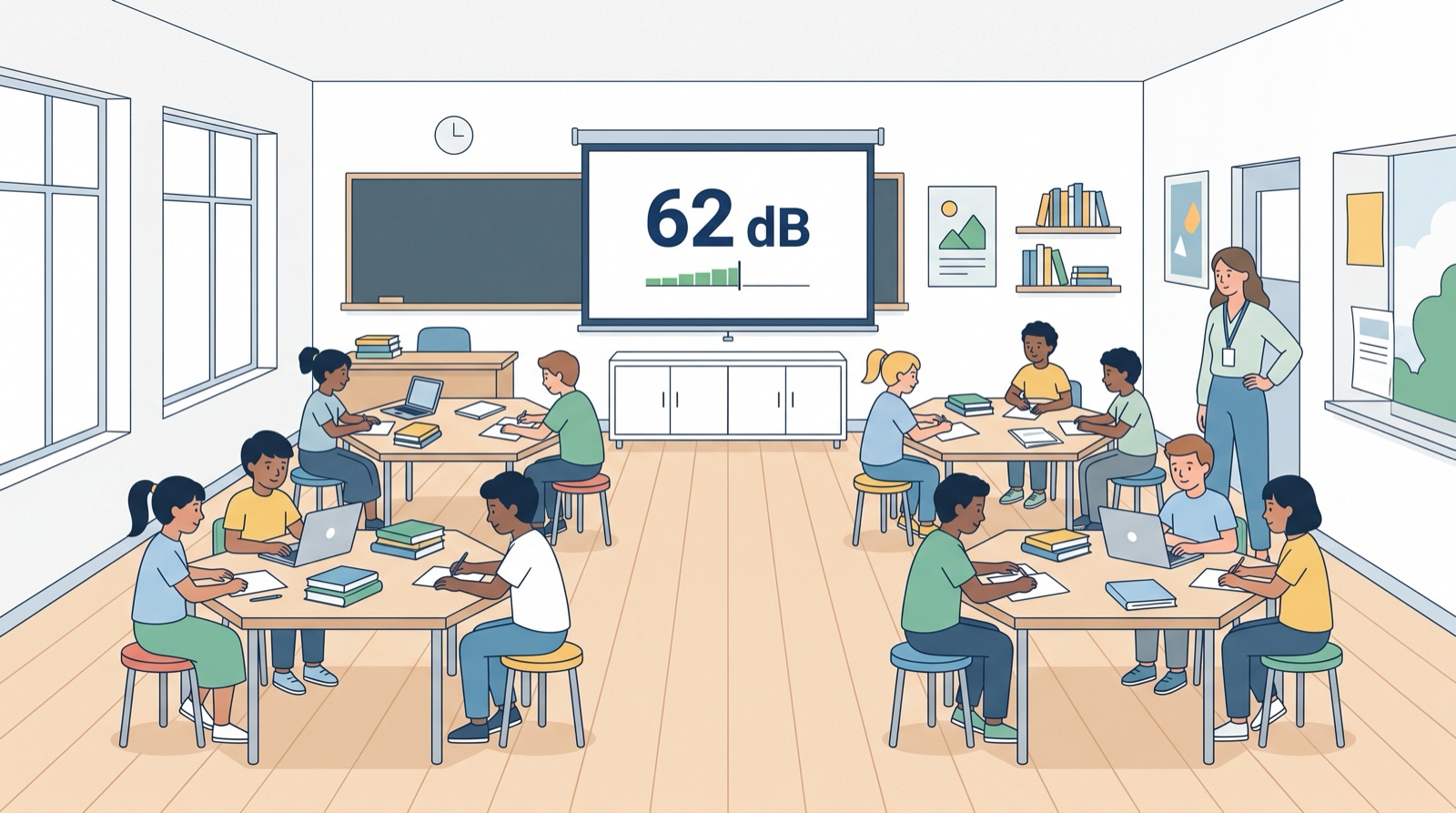Illustration of a classroom during group work, with a projector screen at the front showing a live noise meter reading of 62 dB