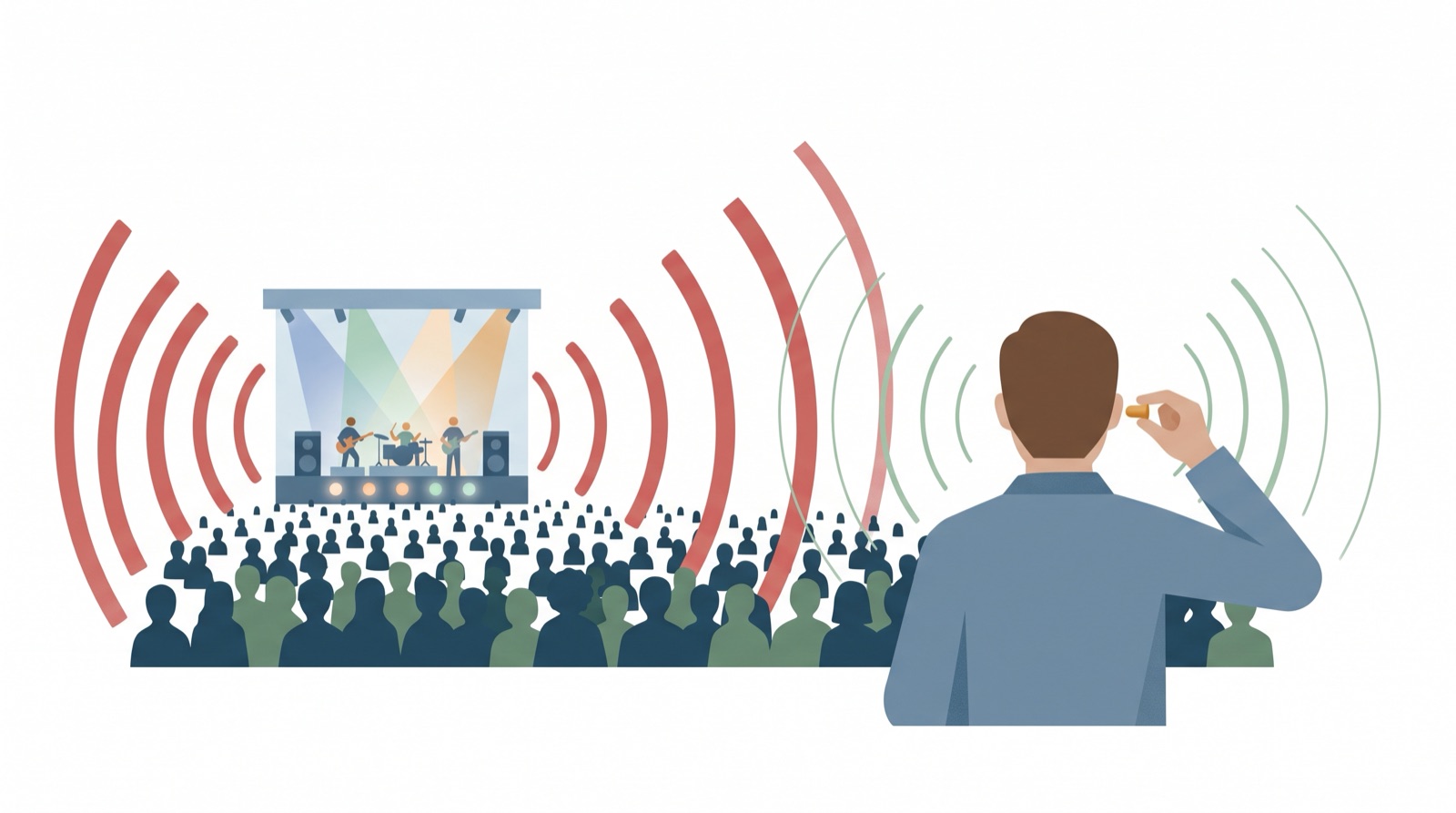 Illustration of a concertgoer at the edge of the crowd inserting a foam earplug while the stage plays in the distance