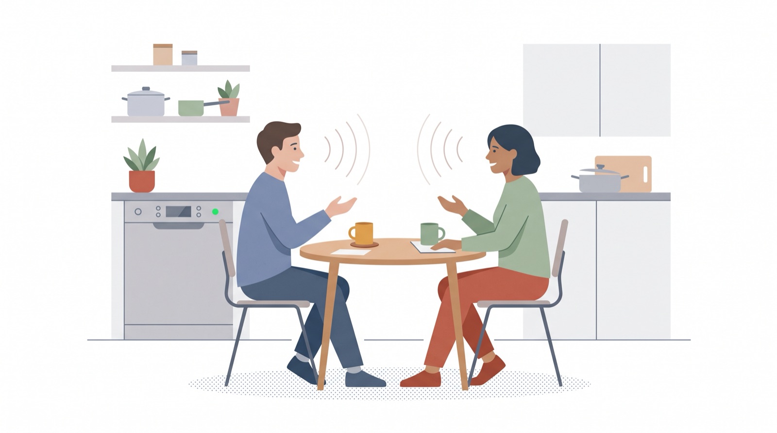 Illustration of two people talking over mugs at a kitchen table while a dishwasher runs in the background