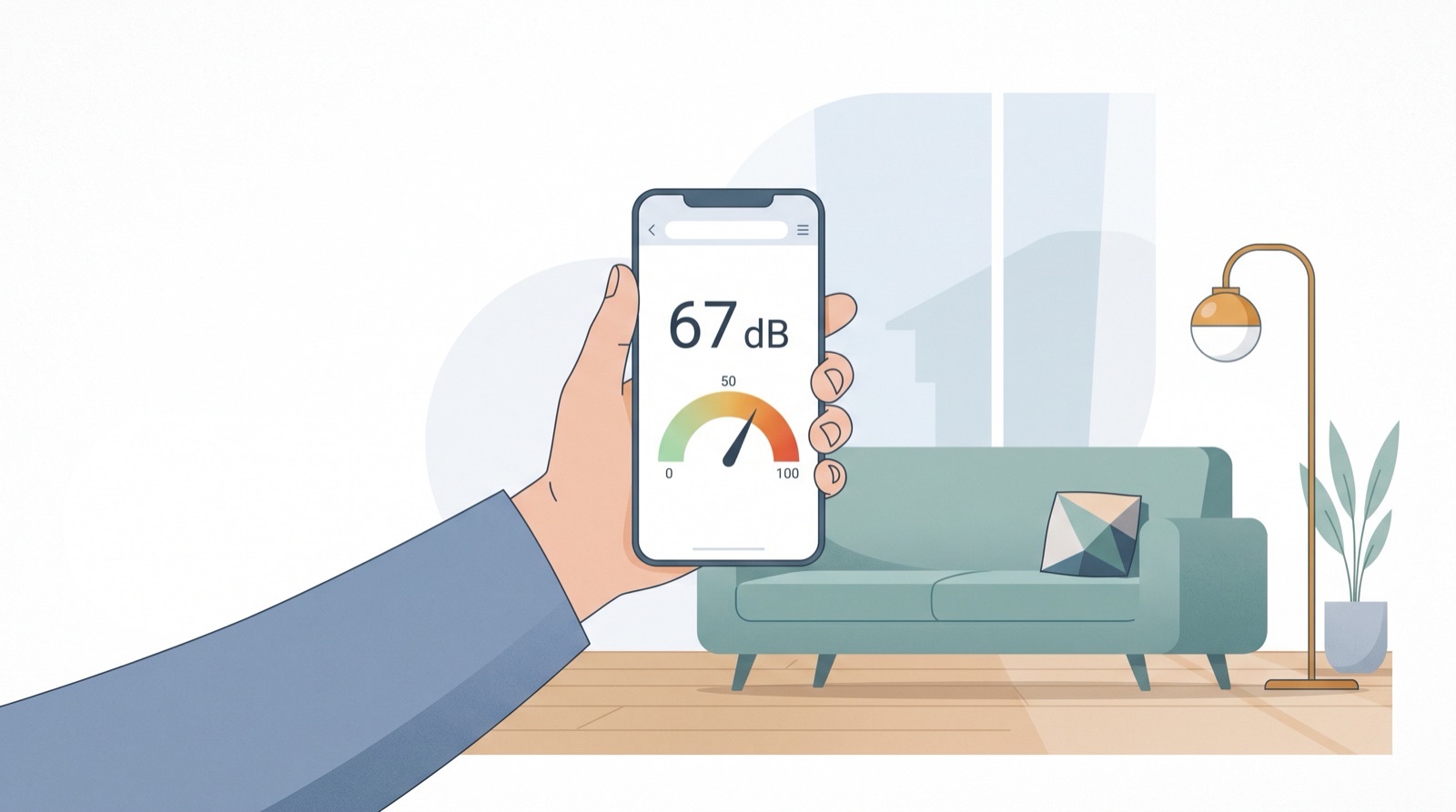 Illustration of a hand holding a smartphone at arm's length in a living room, the screen showing a sound level reading of 67 dB on a green-to-red gauge