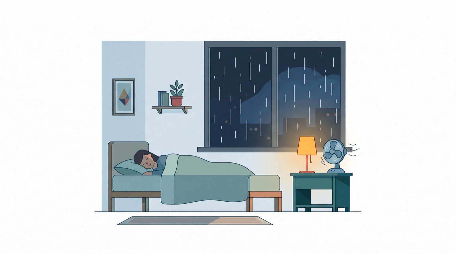 Illustration of a person sleeping through steady rain on the bedroom window, with a small fan running on the nightstand