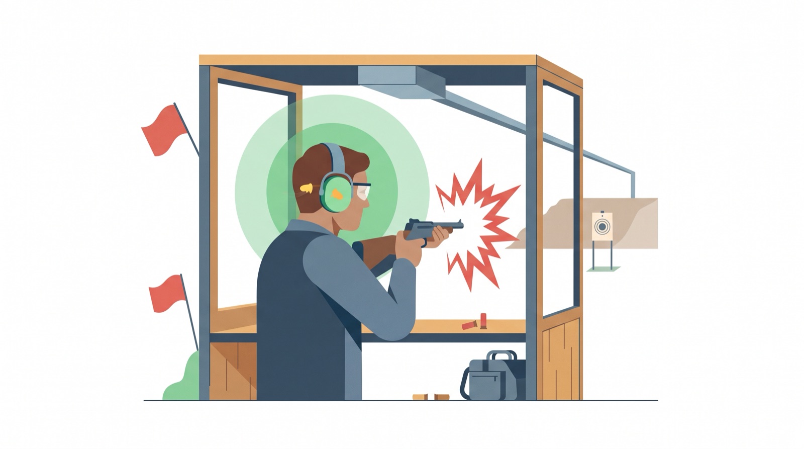 Illustration of a shooter at an outdoor range booth wearing earmuffs over earplugs and safety glasses