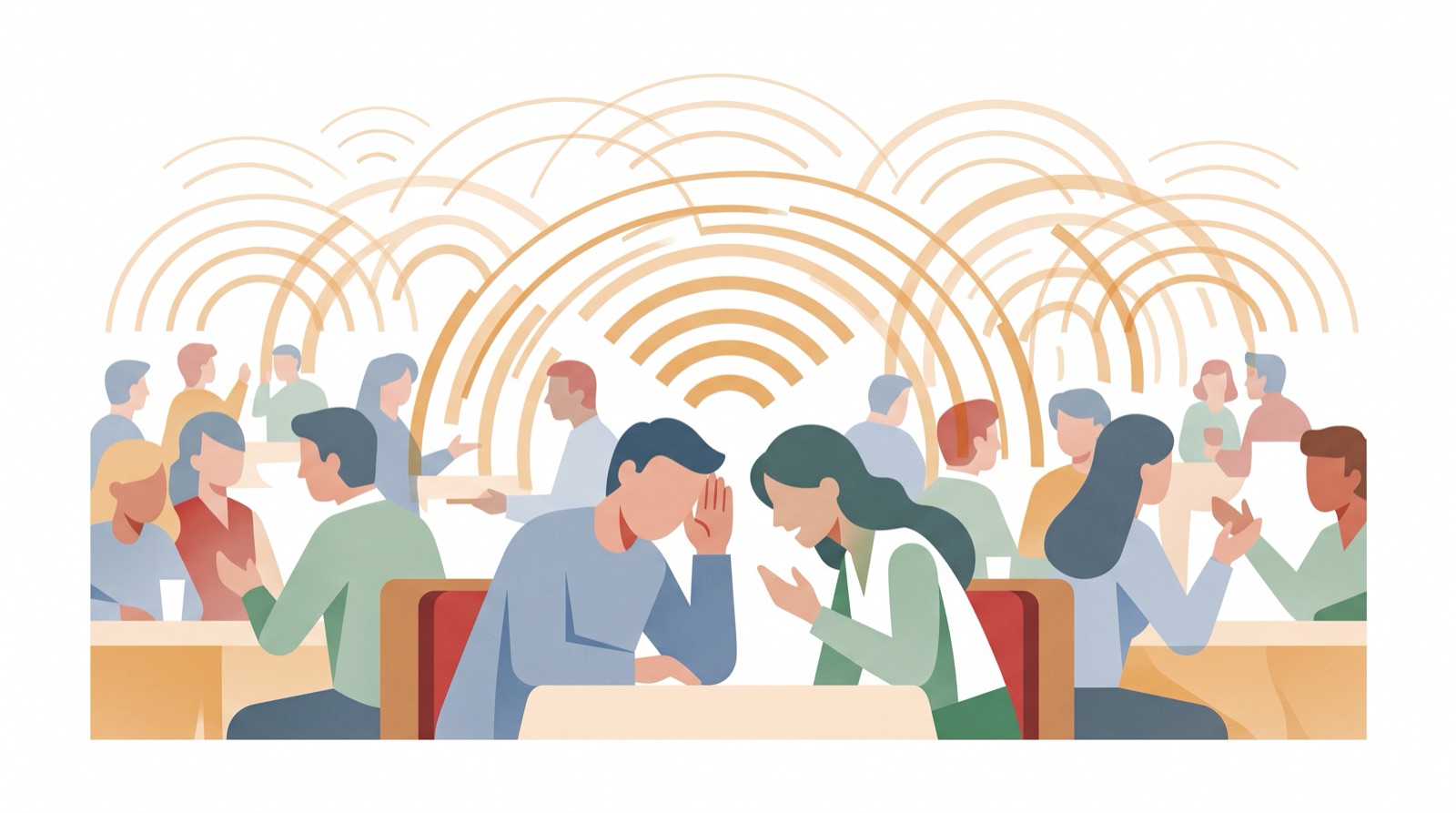 Illustration of a crowded restaurant where two people lean close to talk, one cupping a hand behind an ear
